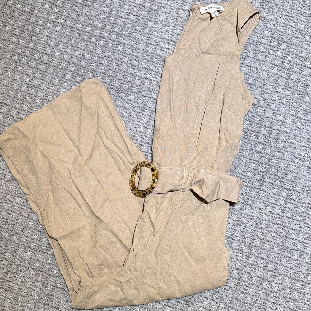 Monteau Beige Sleeveless Jumpsuit with Belt